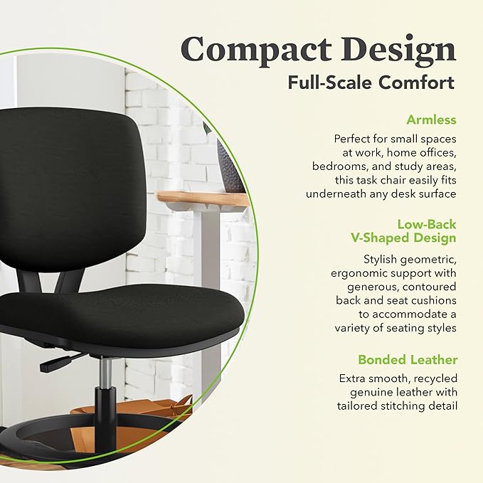 HON Volt Standing Desk Chair, Leather Office Chair with Foot Rest, Armless Drafting Stool, Ergonomic Recline and Center Tilt, for Computers, Offices, Work, Black