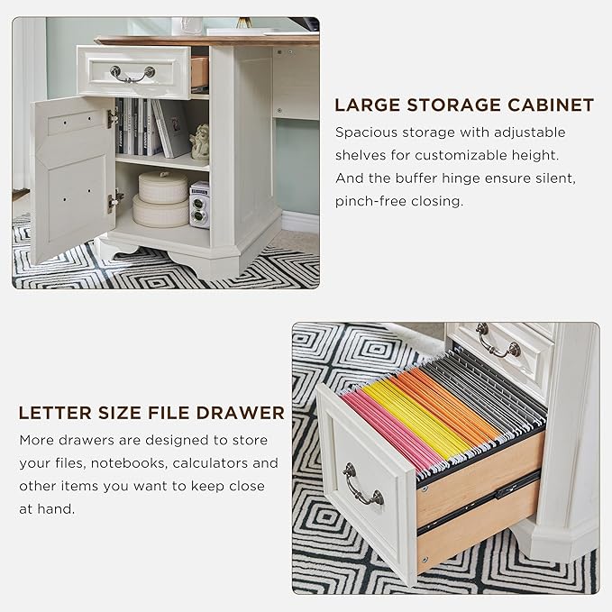 T4TREAM L Shaped Desk with Hutch,59" Farmhouse Wood Home Office Executive Desk,Charging Station,File Drawer, Storage Cabinet,Computer Desk for Work and Study (Antique White)