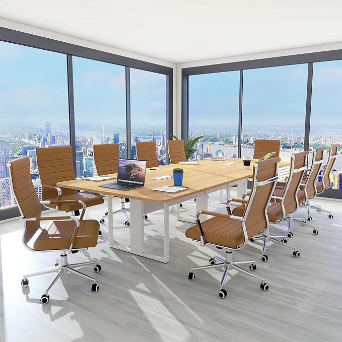 Home Office Chair Ribbed, Modern Leather Conference Waiting Room Chairs,Ergonomic Office Desk Chair, High Back Executive Computer Chair, Adjustable Swivel Chair with Arms (Brown)