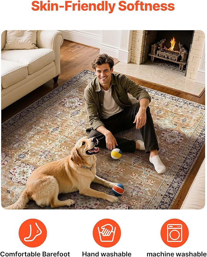 VEVOR 9 x 12 ft Area Rug Large Washable Rug Non-Slip and Tear-Resistant Soft Carpet Pet & Child Friendly Vintage Area Rugs Indoor Mat for Bedroom Living Room Kids Room Office Brown Green