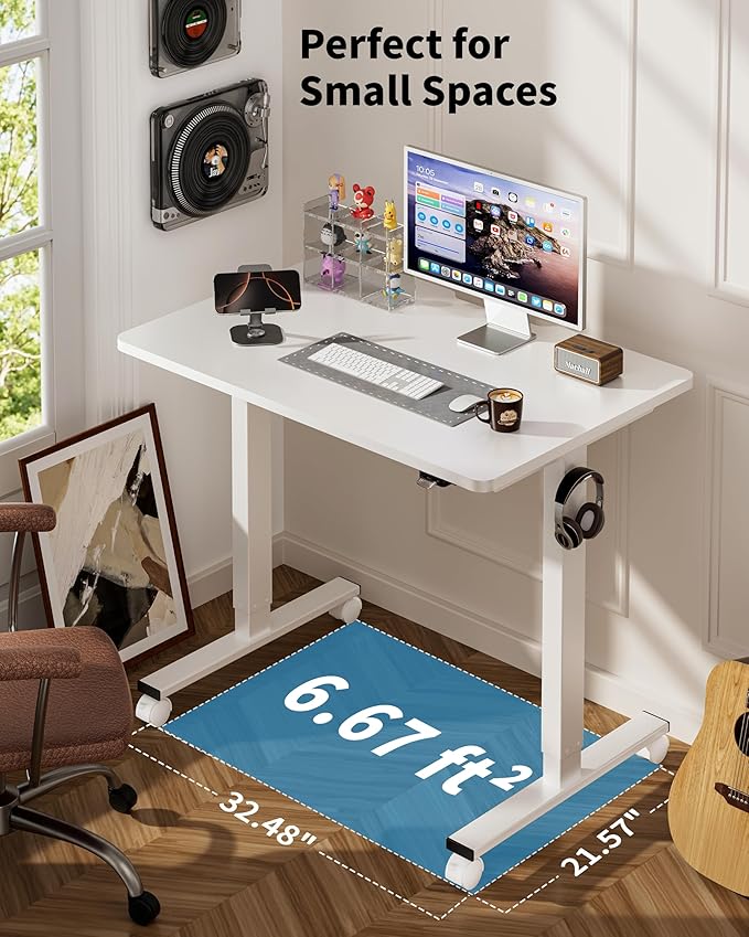 Okin Electric Standing Desk, 40 x 24 Inches Whole Piece Height Adjustable Desk, White Sit to Stand Desks Computer Workstation with Wheels for Home Office