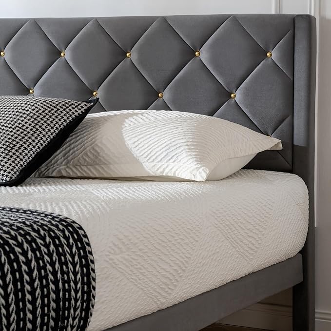 Queen Size Platform Bed Frame with Velvet Upholstered Headboard and Sturdy Wooden Slats Support,Mattress Foundation,Easy Assembly, No Box Spring Needed,Slip Resistant (Grey, Queen)