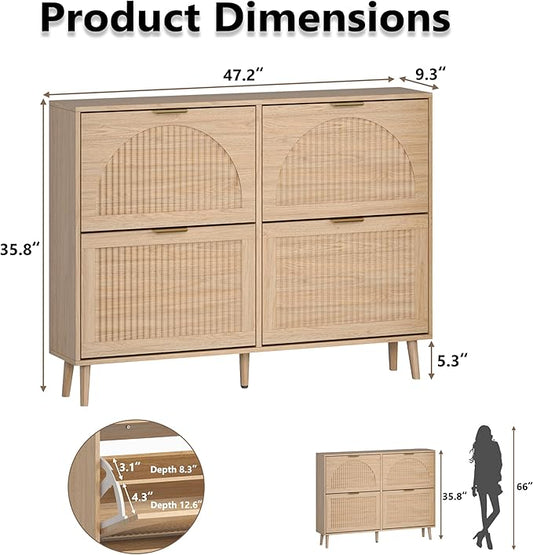 Shoe Cabinet for Entryway with 4 Flip Drawers, Slim Wooden Shoe Storage Organizer with Modern Fluted Pannel,Freestanding Narrow Hidden Shoe Rack for Hallway, Foyer, Living Room