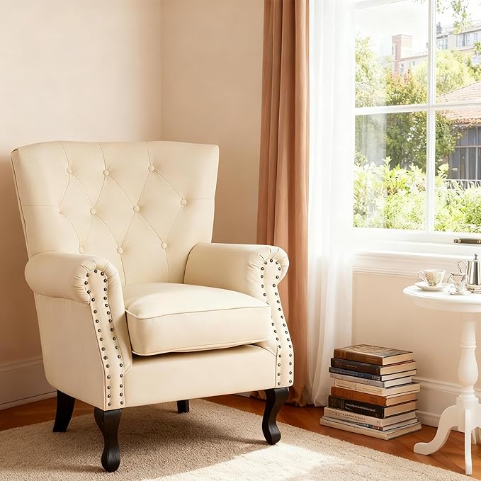 Modern Faux Leather Accent Chair, Upholstered Mid-Century Armchair with Solid Wood Legs, Single Sofa Chair for Living Room, Bedroom, or Reading Room(Ivory White)