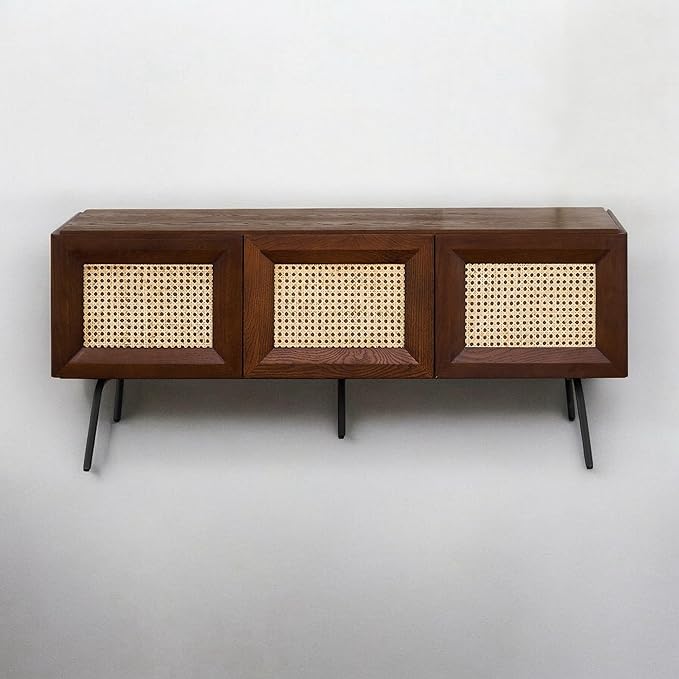 NTC Mossic TV Media Cabinet with 3 Doors for TVs, Entertainment Center with Natural Rattan, Metal Legs, Modern Storage Console for Living Room and Bedroom, Effortless Assembly, Dark Walnut
