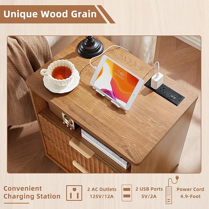 LEYAOYAO Fluted Nightstand with Charging Station, 23" Wide 2 Drawers End Table, Brown Night Stand with Open Storage Cabinet, Farmhouse Bed Side Tables, Wood Dresser for Bedroom, Living Room, Closet