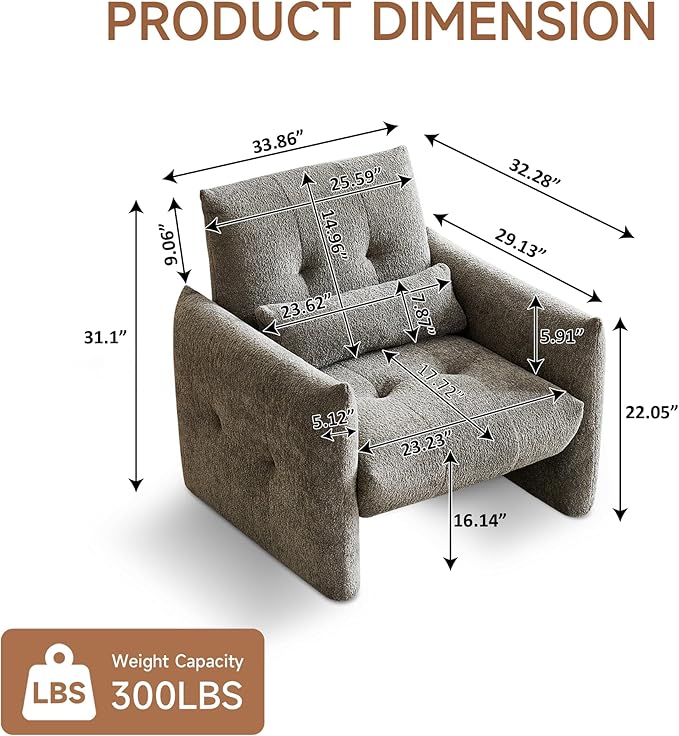 33.9" Accent Chairs, Modern Upgrade Sherpa Fabric Arm Chair Comfy Upholstered Armchair Leisure Single Sofa Chair with a Waist Pillow for Bedroom, Office and Living Room
