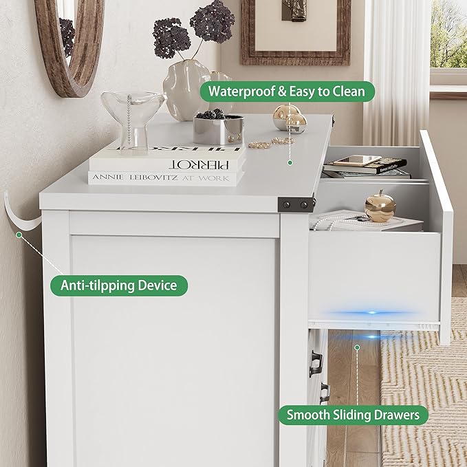 Dresser for Bedroom with 6 Drawers, 48" Wide Modern Chest of Drawers with Deep Drawers & Mental Handle, Wood Dresser TV Stand, Wooden Closet Storage Organizer for Living Room, Hallway, Entryway, White