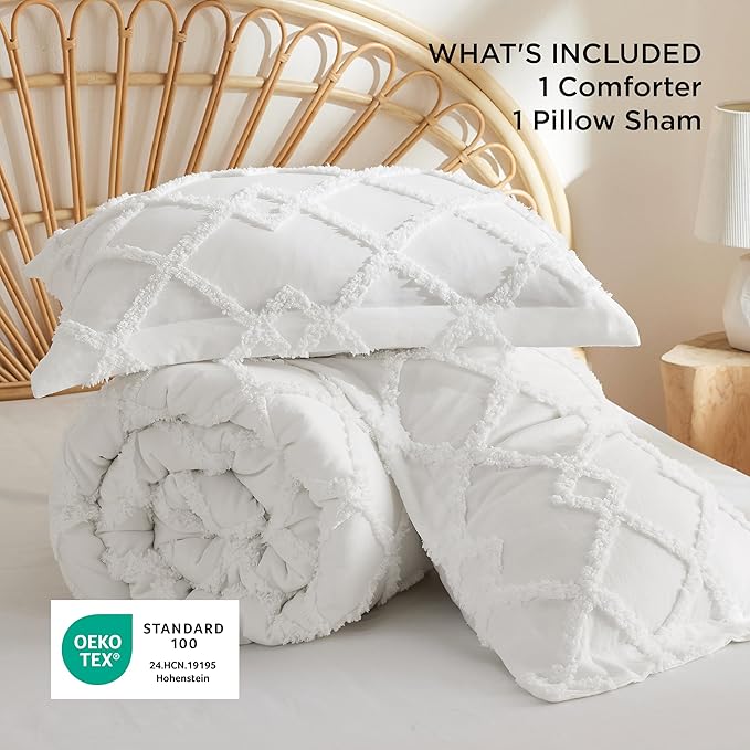 Bedsure Boho Comforter Set Twin - White Tufted Twin Size Comforter, 2 Pieces Farmhouse Shabby Chic Embroidery Bed Set, Soft Fluffy Geometric Pattern Bedding for All Seasons