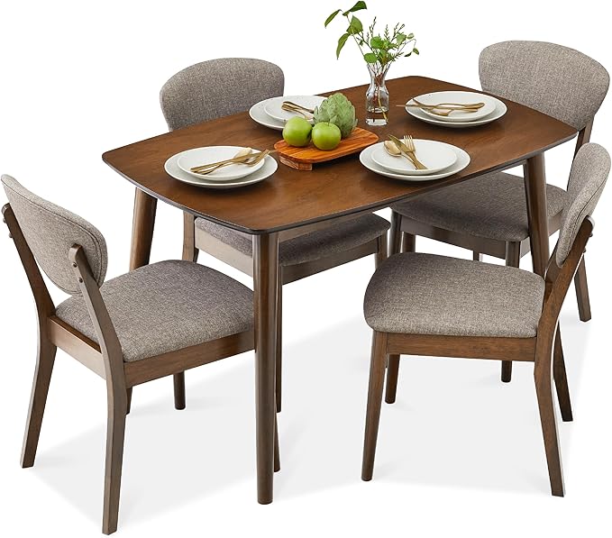 Best Choice Products 5-Piece Dining Set, Compact Mid-Century Modern Table & Chair Set for Home, Apartment w/ 4 Chairs, Padded Seats & Backrests, Wooden Frame - Walnut/Light Gray