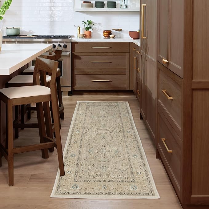 RUGGABLE Washable Vintage Runner Rug – Kamran Ivory Opal 2.5x7, Stain-Resistant, Non-Slip Hallway Runner – Machine Washable Rug for Hallway, Entryway, Living Room & Kitchen – with Standard Pad