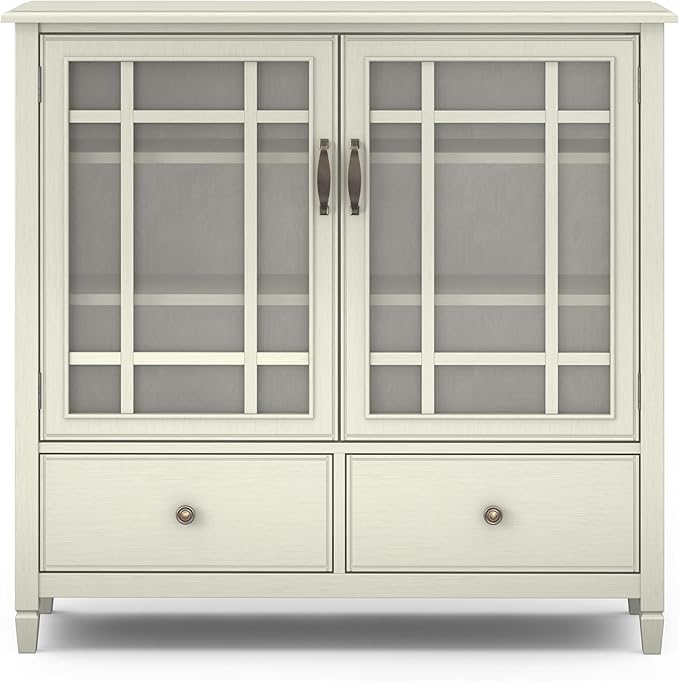 SIMPLIHOME Connaught SOLID WOOD 46 inch Wide Traditional Tall Storage Cabinet in Antique White for the Living Room, Entryway and Family Room