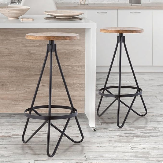 JONATHAN Y BSL1000E Spiroa 30" Modern Industrial Metal/Wood Backless Circular Bar Stool for Home, Kitchen, Dining Room, Workspaces, Cafes and Resturants, Natural Wood Seat with Black Frame