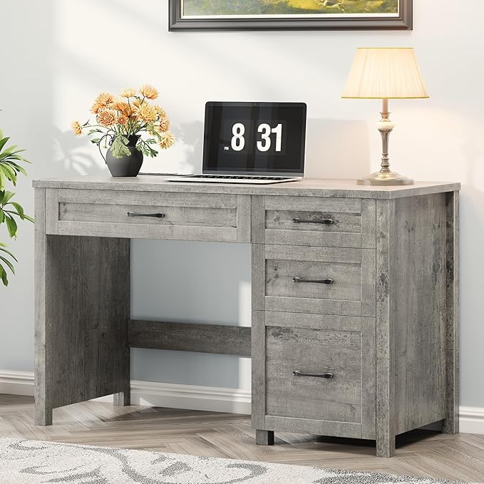 Farmhouse 47" Executive Desk, Computer Desk with File Drawer and Charging Station, Workstation for Home Office, Study(Grey).