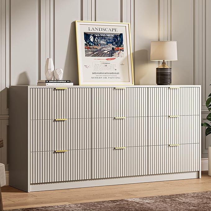 Beige Dresser for Bedroom, 9 Drawer Double Dresser, Modern Chest of Drawers for Bedroom, Living Room, Entryway and Closet, 63" L x 15.7" D x 31.5" H