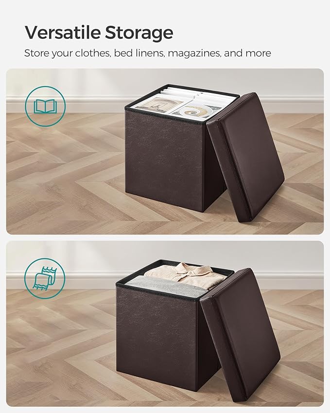 SONGMICS MAZIE Collection - 15 Inches Ottoman with Storage, Footstool, Storage Ottoman, Load 660 lb, for Dorm, Living Room, Bedroom, Synthetic Leather, Brown ULSF10B