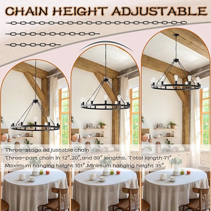 40” Farmhouse Wagon Wheel Chandelier,Black Rustic Chandelier 12-Lights Round Dining Room Light with Adjustable Height,Industrial Ceiling Light Fixtures for Kitchen,Foyer,Porch,Living Room