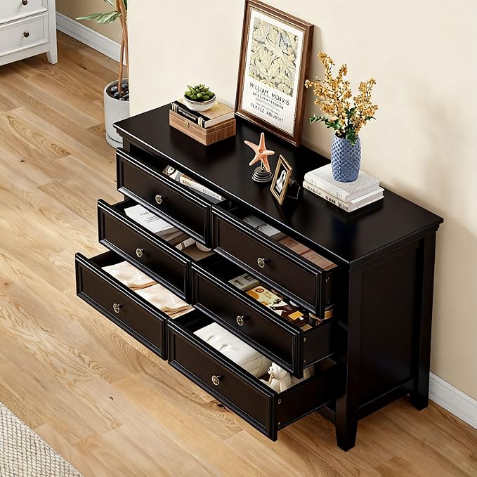Black Dresser for Bedroom 6 Drawers Dresser - 47.2" Wide 6 Chest of Drawers Storage Double Cabinet as Bedfoot Organizer & Wardrobe Cabinet