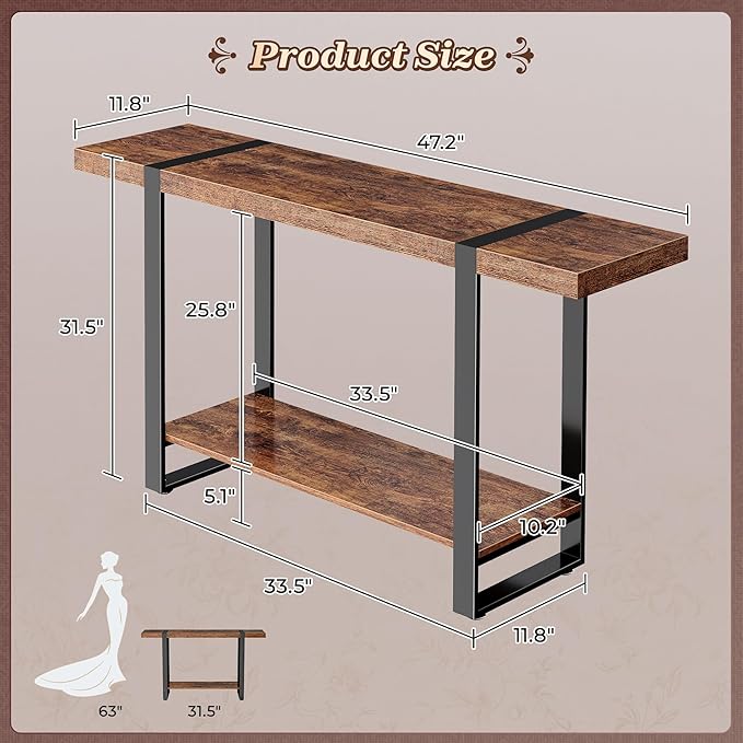 Huuger 47.2 Inch Entryway Table, 2-Tier Industrial Console Sofa Table, Accent Table with Storage, for Entry, Hallway, Entrance, Foyer, T-Shaped Metal Frame, Rustic Brown