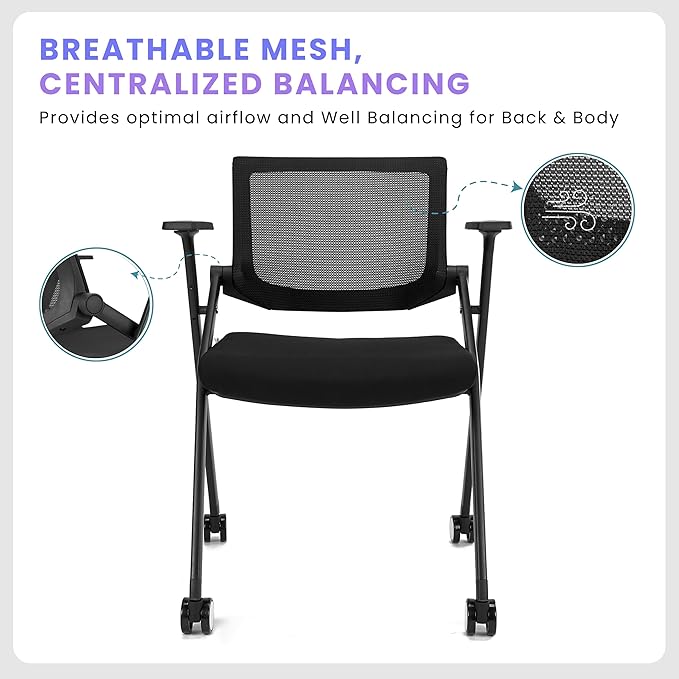 30 Pack Stackable Conference Room Chairs with Wheels and Paddle, Ergonomic Mesh Back and Arms for Meeting, Conference, Reception, Training Room & Home Office Desk Folding Chairs