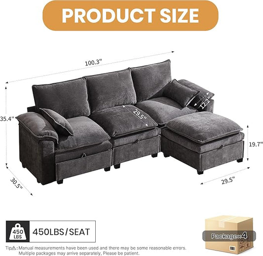 100" L Shaped Modular Sectional Sofa, Couch with Ottoman Storage, Chenille Cloud Couch with Plush Deep Seating for Living Room, Bedroom (Grey, 4 Seat)