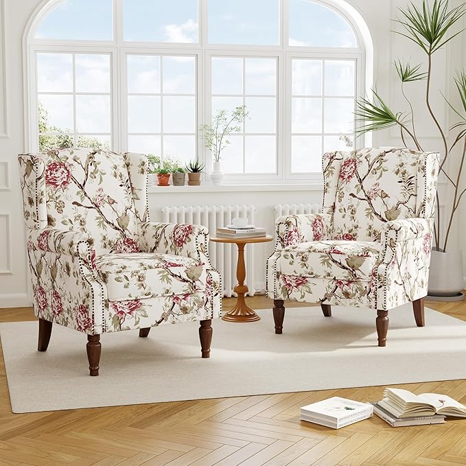 Accent Chair, Upholstered High Back Floral Armchair with Nailhead Trim & Wood Legs, Comfy Wingback Reading Single Sofa Chair for Small Spaces, Living Room, Bedroom-Pink Floral, Set of 1