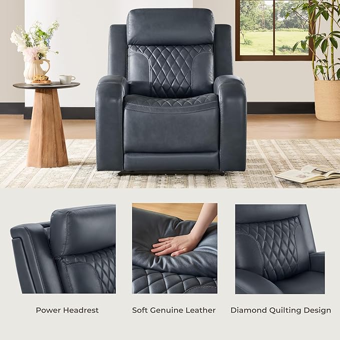 CHITA Genuine Leather Recliner Chair for Adults with Adjustable Power Headrest, Lay Flat Power Recliner with Slide-Out Cupholders & USB/Type-C Ports, Living Room Chair, Navy Blue