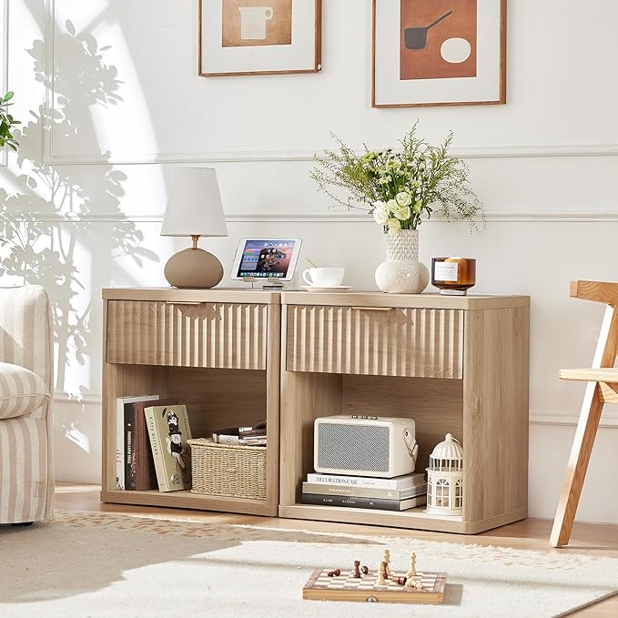 LEYAOYAO Fluted Nightstand with Charging Station, 23" Wide 1 Drawers End Table,Natural Night Stand with Open Storage Cabinet, Farmhouse Bed Side Tables, Wood Dresser for Bedroom, Living Room, Closet