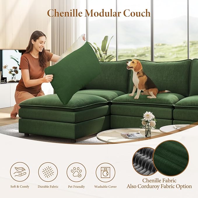 Vesgantti 142" Oversized Sectional Sofa Bed, 8-Seater Modular Sleeper Cloud Couch with Movable Ottoman, Chenille Convertible Sofa Set Deep Seat Couches for Living Room, Bedroom and Apartment, Green