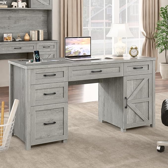 Farmhouse 61'' Executive Desk with 5 Drawers, Rustic Office Desk Computer Desk with Charging Station, File Drawers and Storage Cabinet, Wood Workstation for Home Office and Study, Gray