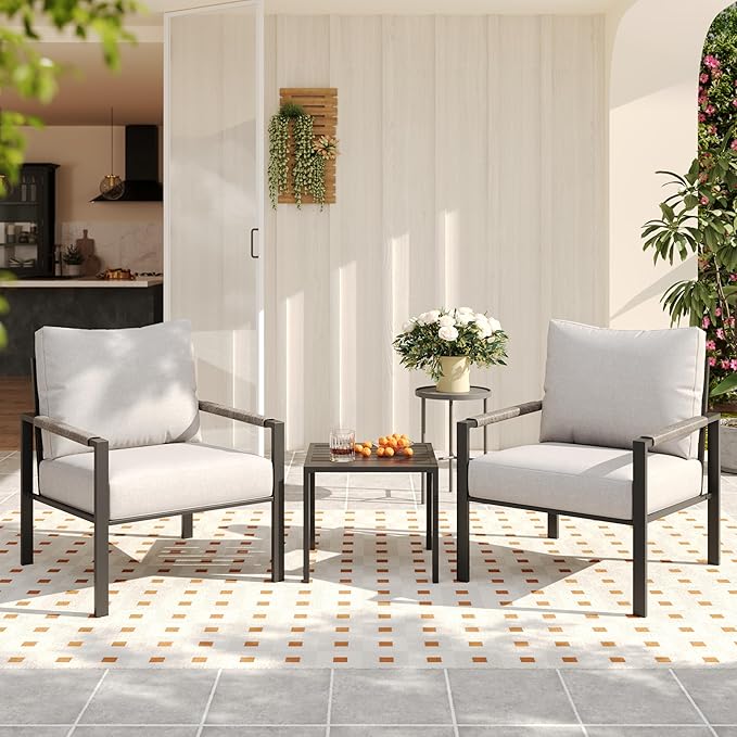 Sundale Outdoor 3 Pieces Patio Rattan Furniture Set, All-weather Metal Outdoor Conversation Set with 6 Inch Cushions and Coffee Table, Outdoor Sofa Set for Garden, Backyard, Porch, Balcony, Light Grey