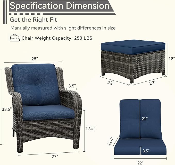 4 Pieces Patio Conversation Set, Wicker Chairs Set of 2 and Two Ottomans with 3.5-inch Seat Cushions, High Back and Curved Armrest for Backyard, Balcony and Deck, Blue