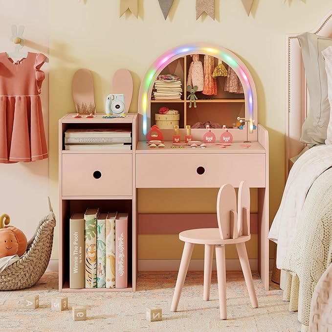 Costzon Kids Vanity, Girls Vanity Set with Mirror and Stool and Lights, Drawers & Storage Compartments, Toddler Makeup Vanity Desk Dressing Table, Wooden Kids Vanity Table and Chair Set (Pink)