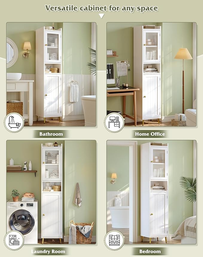Bathroom Storage Cabinet, Bathroom Cabinet with 6 Shelves & 2 Doors, Tall Bathroom Storage Cabinet for Bathroom, Kitchen, Laundry Room, White