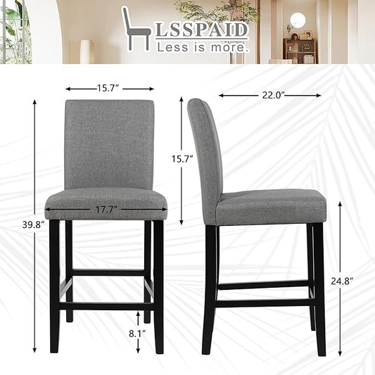 LSSPAID Counter Height Bar Stools Set of 4, 24.8 Inch Upholstered Fabric Barstools, Modern Kitchen Island Chairs with Backrest and Solid Wood Legs, Grey