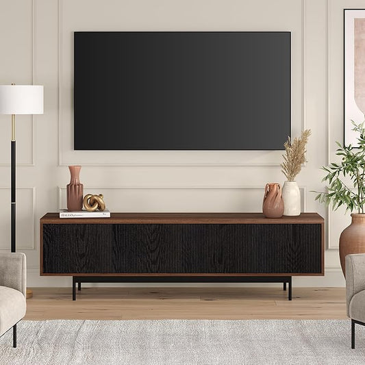Henn&Hart Rectangular TV Stand for TV's up to 75" in Medium Walnut/Natural Black, for Home, Living Room, Bedroom, Entertainment Room, Office