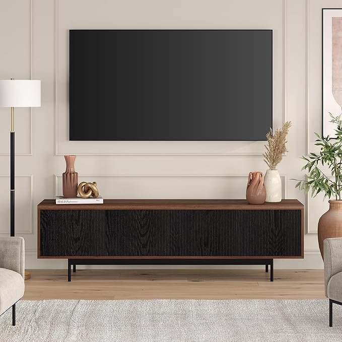 Henn&Hart Rectangular TV Stand for TV's up to 75" in Medium Walnut/Natural Black, for Home, Living Room, Bedroom, Entertainment Room, Office
