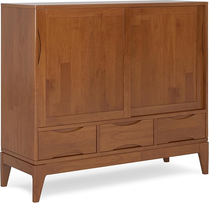 SIMPLIHOME Harper Medium Storage Cabinet - 48 inch Wide Solid Hardwood Sliding Door Cabinet in Teak Brown, Mid-Century Modern Cupboard for Living Room or Entryway with 3 Drawers and Tapered Legs