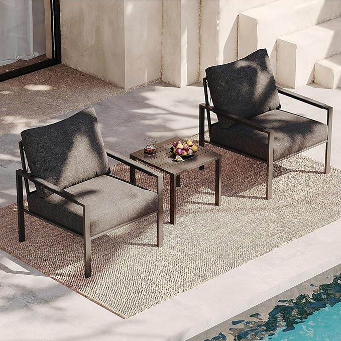 Sundale Outdoor 3 Pieces Patio Set Outdoor Metal Furniture Sets with 2 Armchairs and Side Table, Outdoor Single Sofa Set for Garden, Backyard, Porch, or Balcony, All-Weather Metal Chairs with Cushions