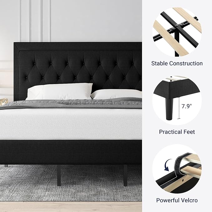 Allewie King Size Upholstered Platform Bed Frame with Adjustable Headboard, Button Tufted, Wood Slat Support, Easy Assembly, Black