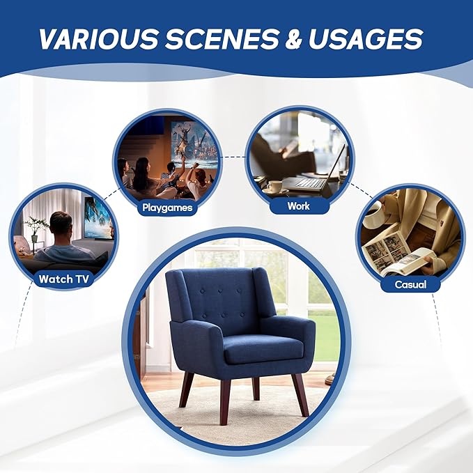 HUIMO Accent Chair Living Room Chair, Upholstered Button Tufted Armchair, Linen Fabric Sofa Chairs for Bedroom, Living Room, Mid Century Modern Comfy Reading Chair (Dark Blue)