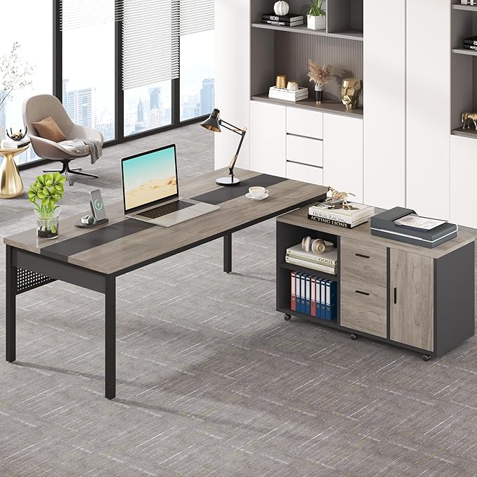 Tribesigns 71 inch Executive Desk, L Shaped Desk with Mobile File Cabinet, Executive Office Table with 2 Drawers and Storage Shelves, Business Furniture Workstation for Home Office, Grey and Black