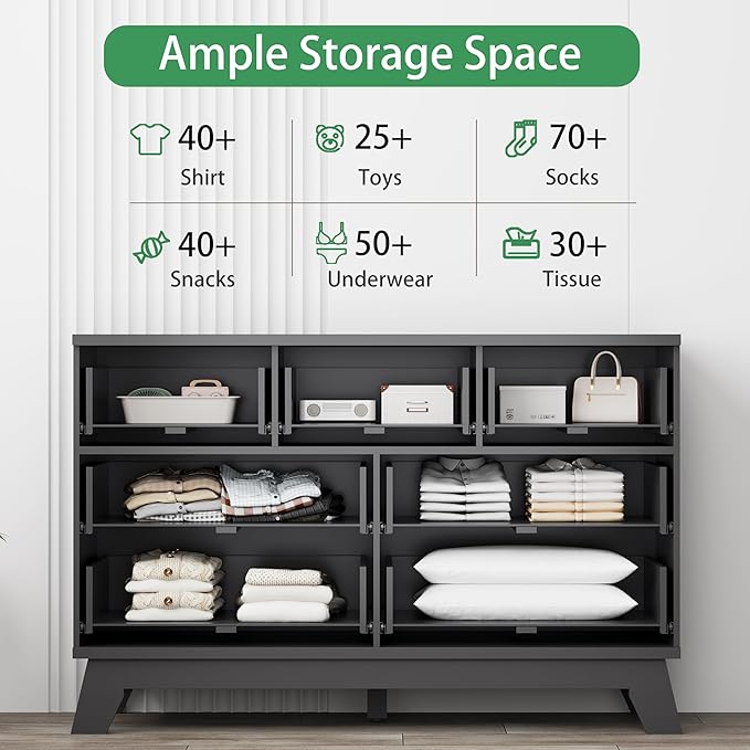 Fluted Dresser for Bedroom with 7 Drawers, 48" Wide Chest of Drawers with Metal Handle, Modern Wood Dresser TV Stand, Wooden Closet Clothes Storage Organizer for Living Room, Hallway, Black
