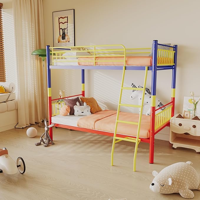 Metal Bunk Bed Twin Over Twin,Loft Bed with Removable Ladder and Full-Length Guardrail,Twin Bunk Beds Frame Heavy Duty Metal Slat Support for Adults, Kids and Young Teens