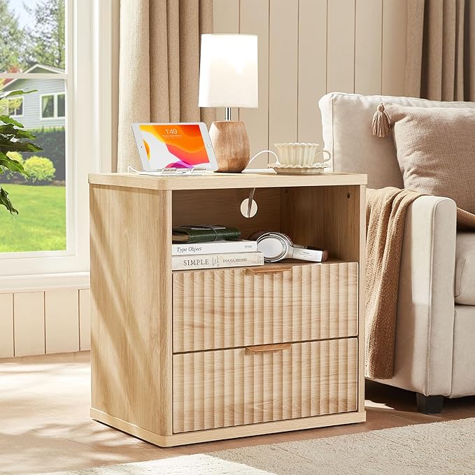 LEYAOYAO Fluted Farmhouse Nightstand Set of 2 with Charging Station, 23" Wide 2 Drawers End Table,Natural Dresser for Bedroom,Bed Side Table Chest of Drawers Cabinet,Wood Night Stand for Living Room