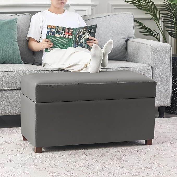 Asense Storage Ottoman Bench –32 Inch Stylish Compact Design with Storage, Extra Seating & Modern Leather Appeal for Living Room, Bedroom, Entryway, Slate Gray