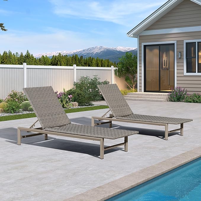 PURPLE LEAF Patio Chaise Lounge Rattan Chair Outdoor Pool Adjustable Recliner Wicker Lounger for Outside Woven Furniture Tanning Poolside Lounger Granite Gray