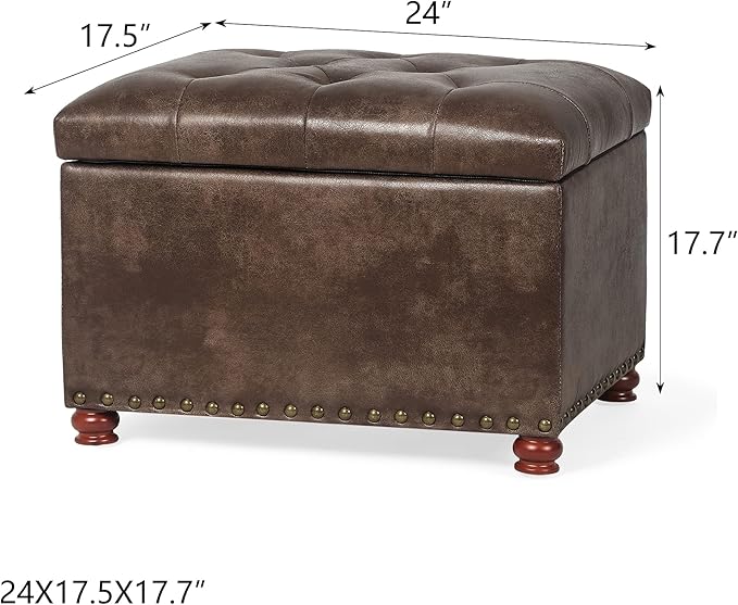 24'' Leather Ottoman with Storage Rectangle Foot Rest Ottomans Stool for Living Room(Brown,Leather Texture)