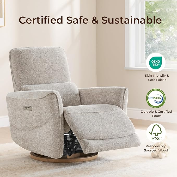 CHITA Power Nursery Rocking Chair, Swivel Glider Recliner Chair with Solid Wood Base, Bulit-in USB & Type-C Charging Ports for Living Room, FSC Certified, Taupe