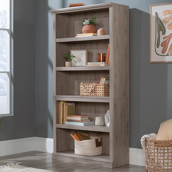 Sauder 5 Tier Book Shelf Wooden Bookcase Multipurpose Bookshelf for Home Office, Living Room, in Laurel Oak
